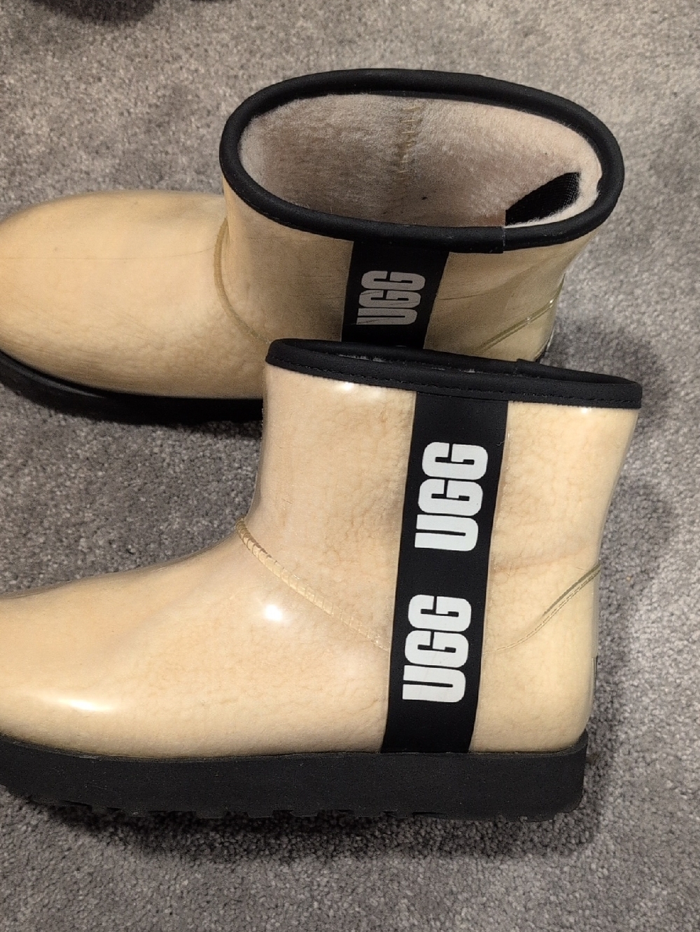UGG Cream Clear Shearling Short Boots with Black Trim